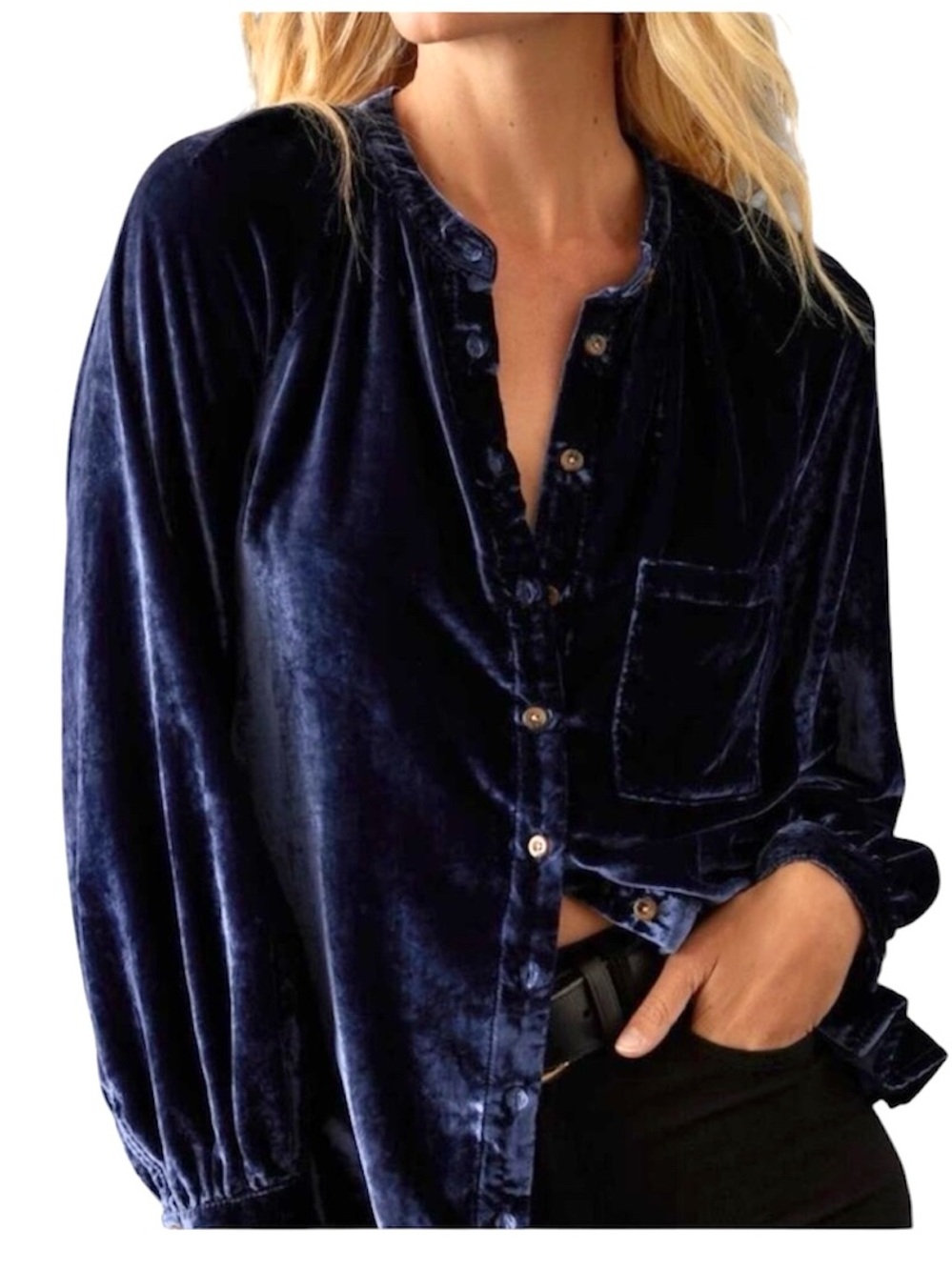 Pilcro Blue Velvet Femme Button Up Blouse Top Size Large Long Sleeve Relaxed Fit